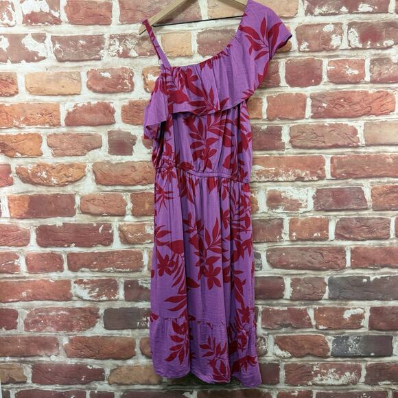 Old Navy Dress Women's 2X Purple Red Shadow Floral One Shoulder Ruffle Tiered - Picture 1 of 8